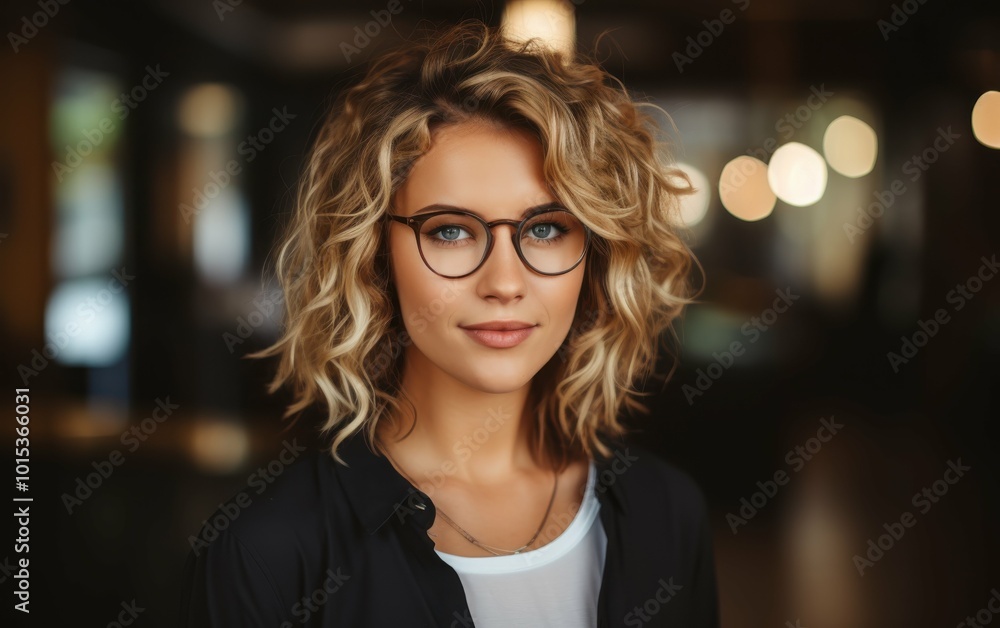 A woman with curly blonde hair and glasses is smiling for the camera. She is wearing a black shirt and white shirt A woman with curly blonde hair and glasses is smiling for the camera. She is wearing a black shirt and white shirt