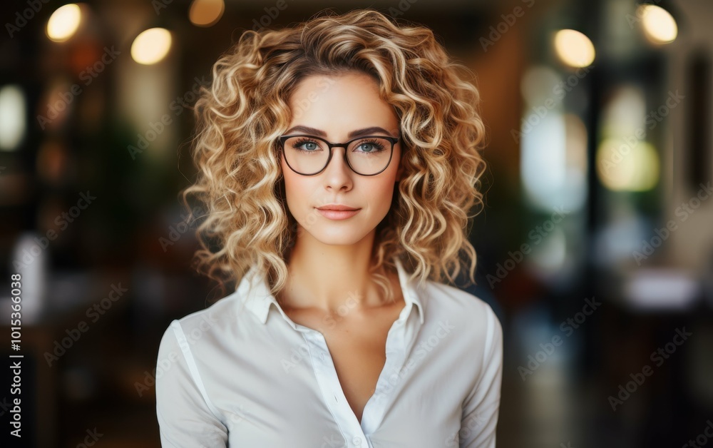 A woman with curly hair and glasses is standing in front of a wall. She is wearing a white shirt and she is posing for a photo A woman with curly hair and glasses is standing in front of a wall. She is wearing a white shirt and she is posing for a photo
