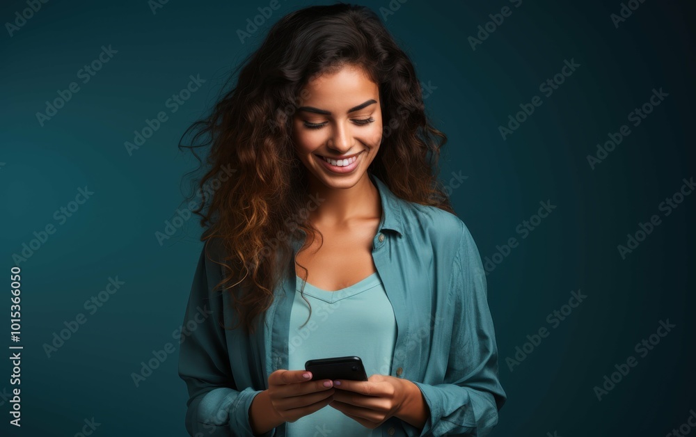 A woman is smiling while holding a cell phone. She is wearing a blue shirt and has long hair A woman is smiling while holding a cell phone. She is wearing a blue shirt and has long hair