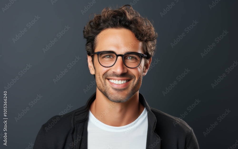 A man with glasses is smiling and wearing a black jacket and white shirt. He looks happy and confident A man with glasses is smiling and wearing a black jacket and white shirt. He looks happy and confident