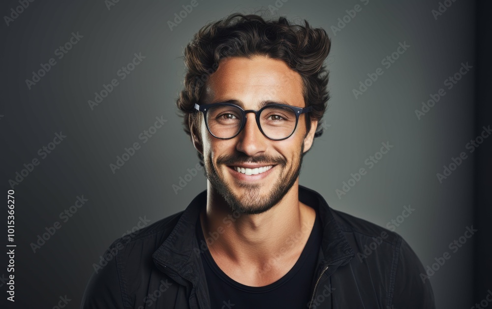 Obraz premium A man with glasses is smiling and wearing a black jacket. He looks happy and confident. Concept of warmth and positivity