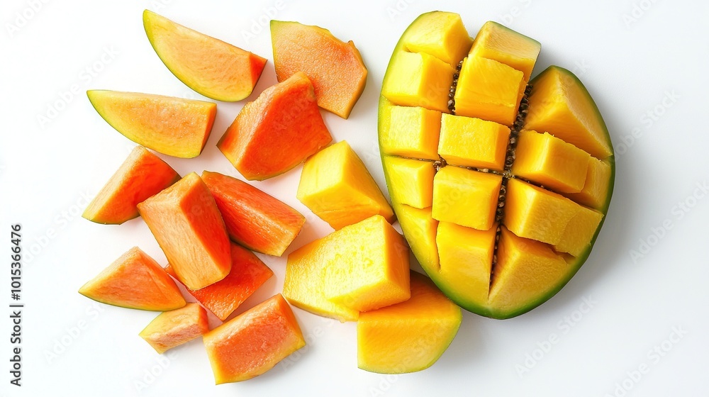 A white melon with cut pieces on a white surface A white melon with cut pieces on a white surface