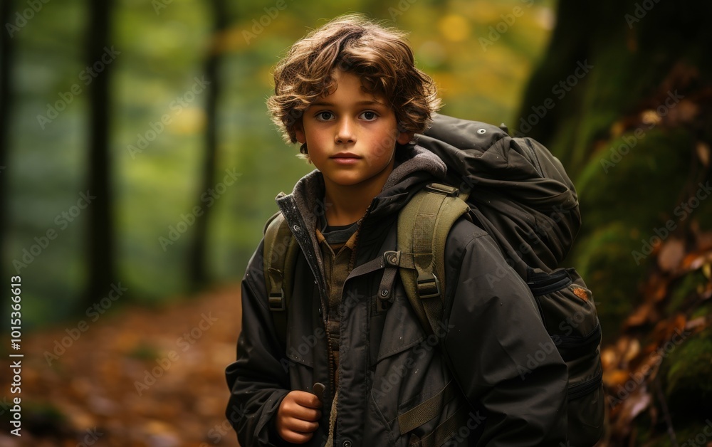 A young boy wearing a backpack and a jacket is standing in a forest. The boy has a serious expression on his face A young boy wearing a backpack and a jacket is standing in a forest. The boy has a serious expression on his face