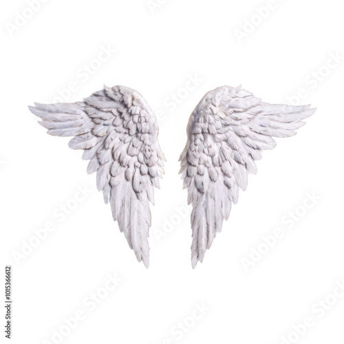 A striking white wing sculpture features numerous detailed feathers