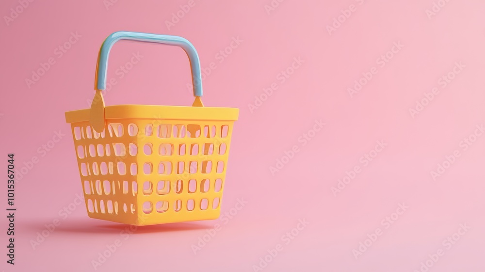 Fototapeta premium A yellow shopping basket on a pink background.