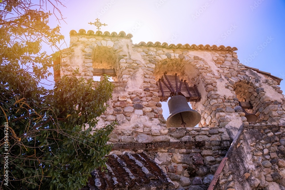 Obraz premium Mission San Miguel Arcángel bell tower, San Miguel, California, USA. One of the series of 21 Spanish religious outposts in Alta California founded by Father Junípero Serra