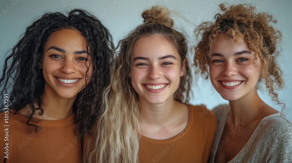 Cheerful female workers standing together in a studio, Generative AI Cheerful female workers standing together in a studio, Generative AI