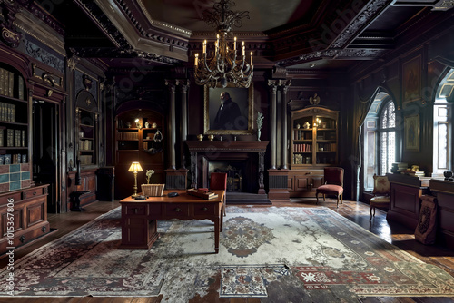 A room with a desk, chair, bookshelf and a chandelier in it