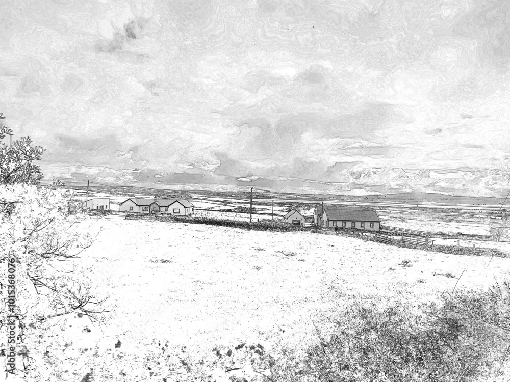 Fototapeta premium White fluffy clouds in the summer sky and natural landscape background, pencil drawn sketch