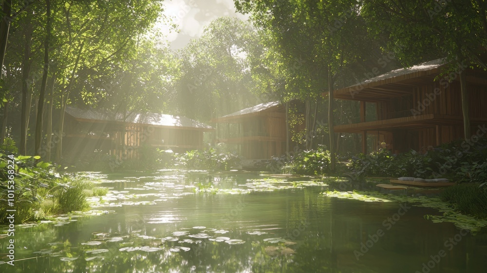 Obraz premium Tranquil Forest Retreat - A Ray Tracing Fengshui Concept Art of Cozy Cabins and Serene Landscapes Promoting Relaxation and Mindfulness