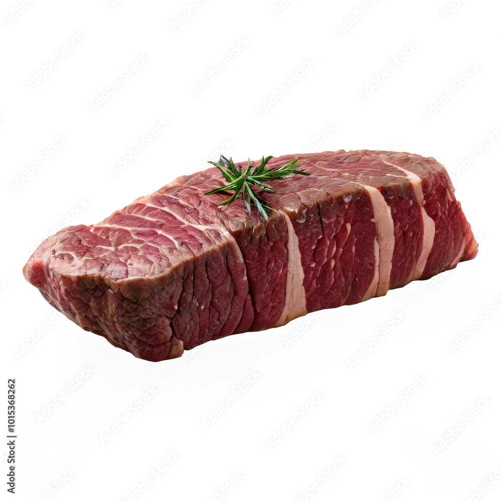 Freshly cut beef steak garnished with herbs on a clean white background Freshly cut beef steak garnished with herbs on a clean white background