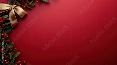 A vibrant Christmas wreath adorned with red berries, a golden ribbon bow, and pinecones is beautifully displayed against a red wall, radiating festive cheer.