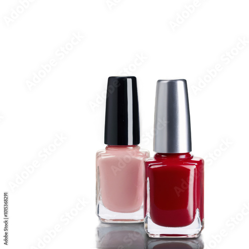 Two nail polish bottles in contrasting colors set against a simple background