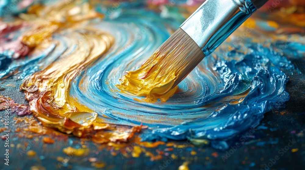 Brush applying thick yellow paint stroke on blue canvas