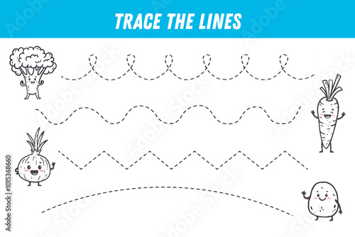 Tracing lines for kids. Cute cartoon vegetables. Broccoli, carrot, onion, potato. Handwriting practice. Educational game for preschool kids. Activity page. Vector