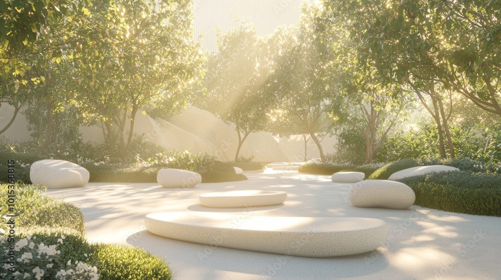 Serene Ray Tracing Fengshui Meditation Space in Park with Natural Elements for Tranquility and Relaxation Serene Ray Tracing Fengshui Meditation Space in Park with Natural Elements for Tranquility and Relaxation