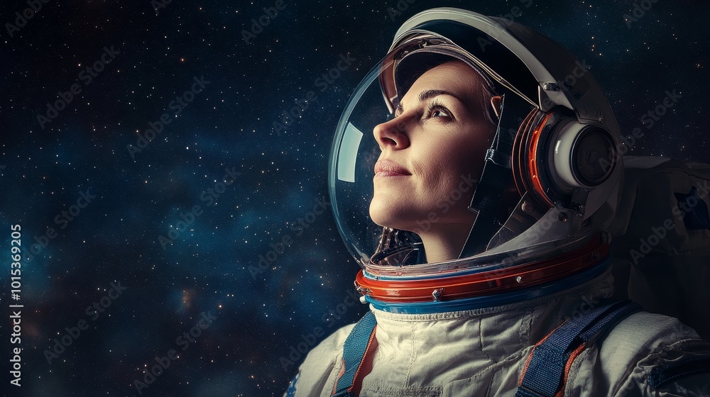 Woman cosmonaut in space composition background Woman cosmonaut in space composition background