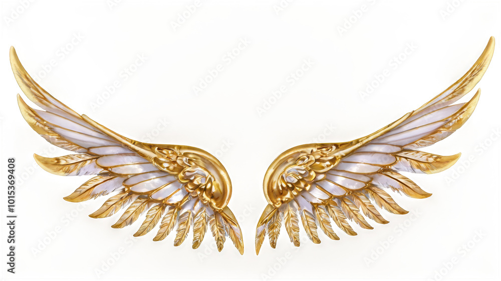 Golden angel wings with intricate detailing against a plain white background Golden angel wings with intricate detailing against a plain white background