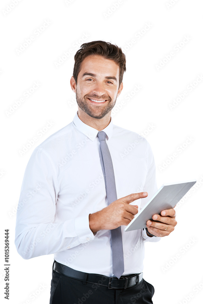 Studio, portrait and businessman with tablet for connection, research and online update with smile. Career, male person or social media manager with digital for content creation and white background Studio, portrait and businessman with tablet for connection, research and online update with smile. Career, male person or social media manager with digital for content creation and white background