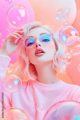 A young woman with blonde hair looks up with a playful expression while wearing pink glasses and surrounded by soap bubbles.