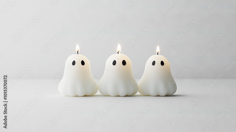 Three ghost candlesticks atop a white table beside a white wall Three ghost candlesticks atop a white table beside a white wall