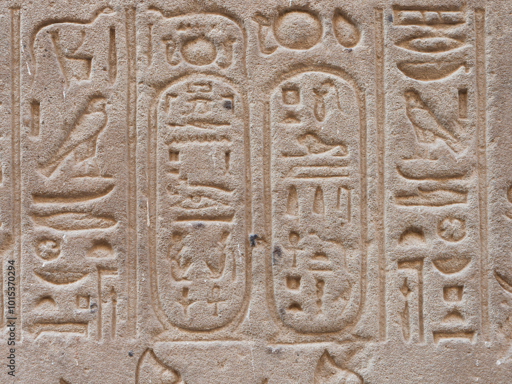 Egyptian hieroglyphic engravings on the stone walls of the temple of the God Horus in Edfu Egypt Egyptian hieroglyphic engravings on the stone walls of the temple of the God Horus in Edfu Egypt