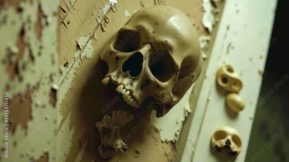 A skull hanging on a wall next to a bunch of skulls A skull hanging on a wall next to a bunch of skulls