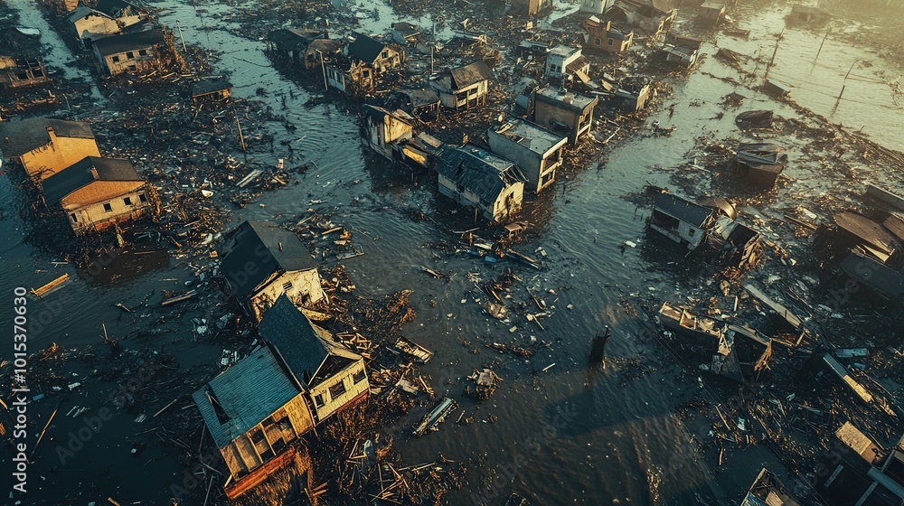 Aerial view of flooded, debris-strewn houses. Aerial view of flooded, debris-strewn houses.