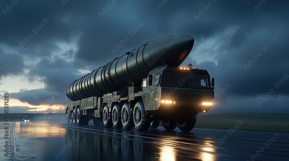 Obraz premium A military truck drives along a highway carrying an intercontinental missile, displaying green camouflage against a backdrop of clouds and sunlight