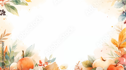 apples spring autumn leaves bottom frame border background with space for text neutral orange green light tones seasonal holiday backdrop watercolor style illustration