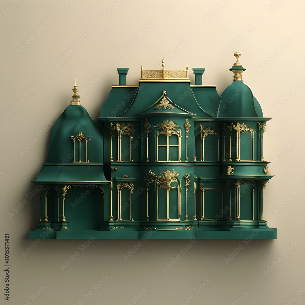 Obraz premium Grand Emerald Green House With Gold Details And Beige Background,Generative AI