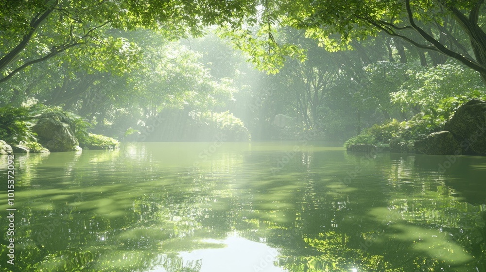Tranquil Lake Fengshui: Ray Tracing Concept Art of Calm Waters with Reflective Trees and Serene Atmosphere Tranquil Lake Fengshui: Ray Tracing Concept Art of Calm Waters with Reflective Trees and Serene Atmosphere