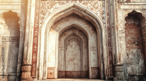 Ornate antique archway in marble against a backdrop of muted colors, invoking the grandeur of ancient architecture.