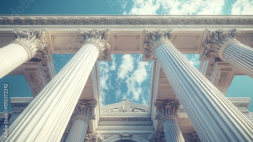 Ornate building with tall columns resembling those of ancient Greek temples. Pillars supporting a government structure. Detailed 3D rendering in high resolution.