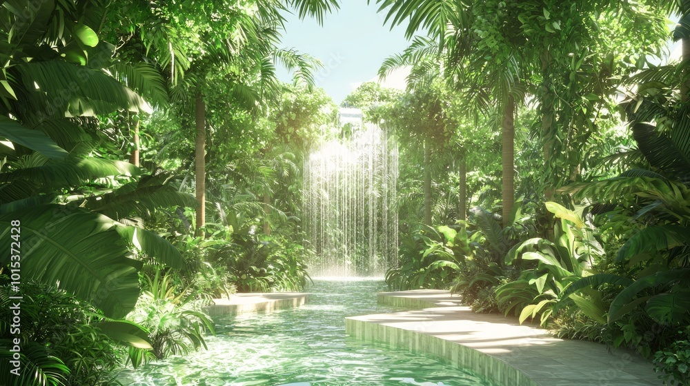 Serene Ray Tracing Fengshui Concept Art of Lush Tropical Garden with Diverse Plants, Water Features, and Tranquil Pathways Serene Ray Tracing Fengshui Concept Art of Lush Tropical Garden with Diverse Plants, Water Features, and Tranquil Pathways