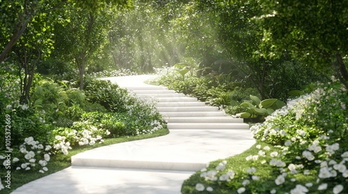 Serene Fengshui Garden Path with Ray Tracing, Peaceful Seating, and Reflective Layout