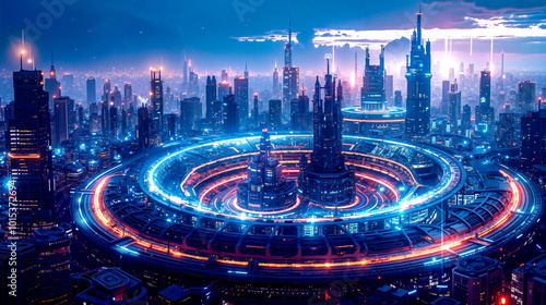 A futuristic city at night with a circular city in the middle of it