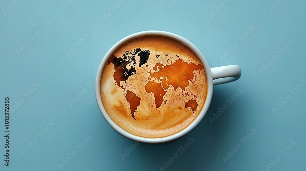 A blue table with a cup of coffee on top and a blue background featuring a map of the world on top A blue table with a cup of coffee on top and a blue background featuring a map of the world on top