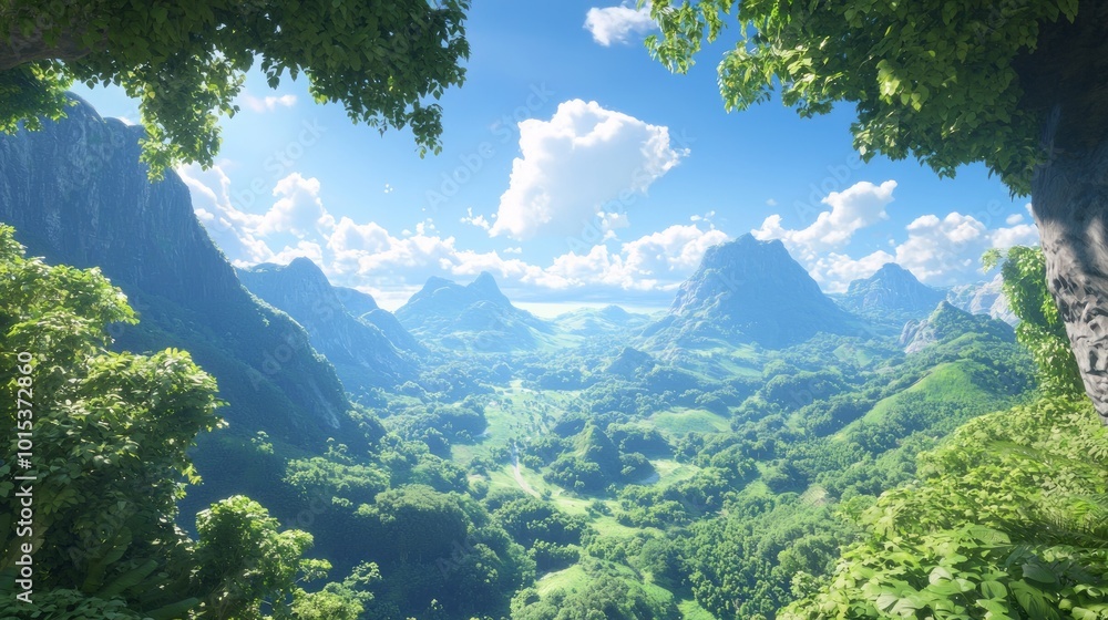 Serene Fengshui Harmony - Ray Tracing Concept Art of Peaceful Mountain Landscape with Blue Sky and Lush Valleys Serene Fengshui Harmony - Ray Tracing Concept Art of Peaceful Mountain Landscape with Blue Sky and Lush Valleys