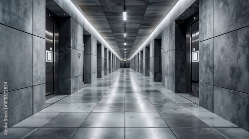 A long hallway with concrete walls and elevators in a building