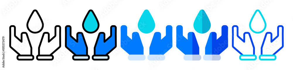 Water drop icon, illustration of hands and water in line, flat and filled styles is suitable as a symbol of the water cycle and springs. Water drop icon, illustration of hands and water in line, flat and filled styles is suitable as a symbol of the water cycle and springs.