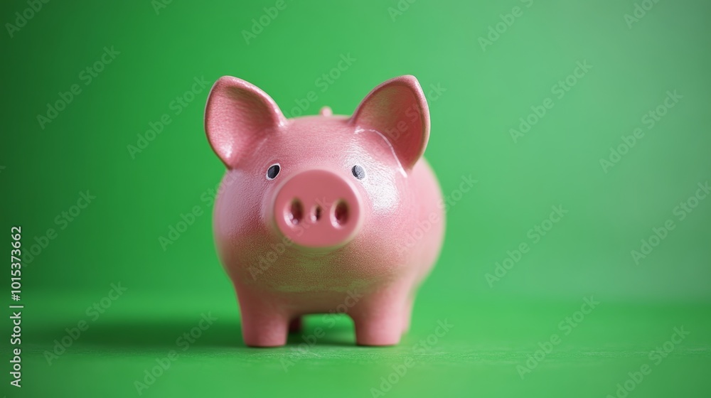 Pink piggy bank sits on vibrant green backdrop. Pink piggy bank sits on vibrant green backdrop.