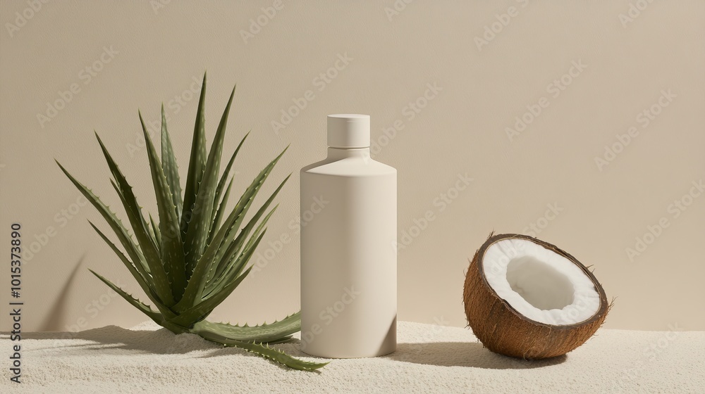 A white cosmetic bottle stands next to fresh aloe vera and coconut on a soothing beige backdrop, offering ample space for branding and product details A white cosmetic bottle stands next to fresh aloe vera and coconut on a soothing beige backdrop, offering ample space for branding and product details