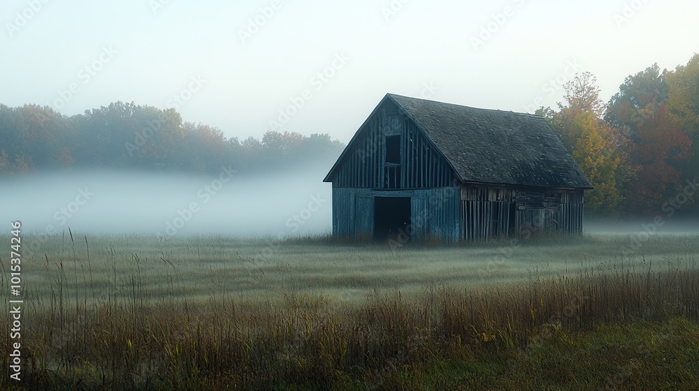 Foggy landscape with a rustic barn at dawn. Foggy landscape with a rustic barn at dawn.