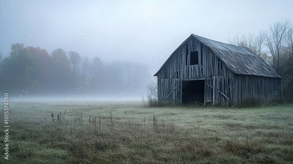Foggy landscape with an old barn in a field. Foggy landscape with an old barn in a field.