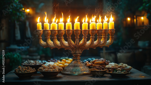 The Golden Menorah, burning amidst festive delicacies photo