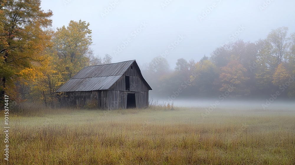 Foggy landscape with a rustic barn and autumn trees. Foggy landscape with a rustic barn and autumn trees.