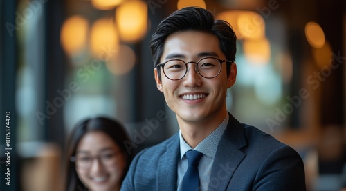 Young Asian Businessman and Two Female Colleagues Smiling During Office Meeting Around Conference Table, Representing Team Collaboration and Professional Success in a Modern Office Setting