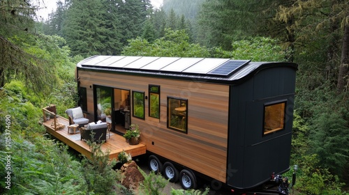 This tiny house on wheels features solar panels and a welcoming deck, nestled amidst lush greenery, inviting relaxation in a peaceful forest setting.