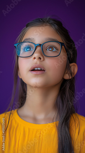 Curious Hispanic Girl in Glasses and Yellow Shirt with Purple Background photo